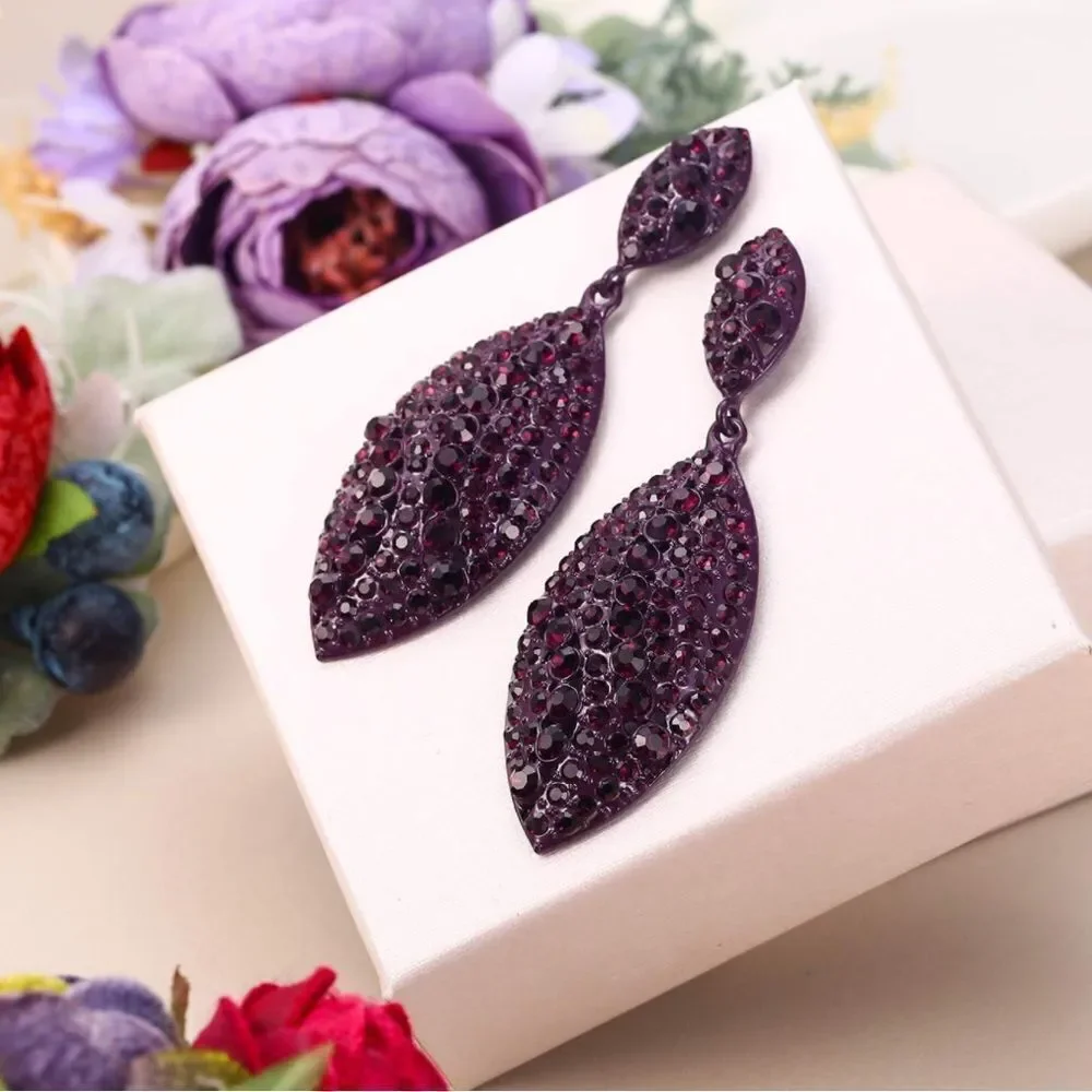 Purple with Purple Amethyst Crystal Double Leaf Chandelier Post Back Earrings